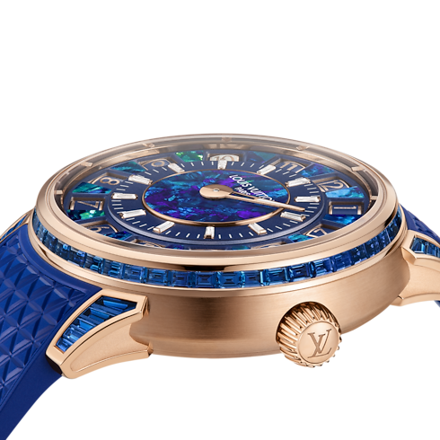 Todos los Relojes } Reloj Tambour Spin Time, automático de 39.5 mm en oro rosa, ópalo y zafiros | Louis Vuitton ® (Ampliar producto)
