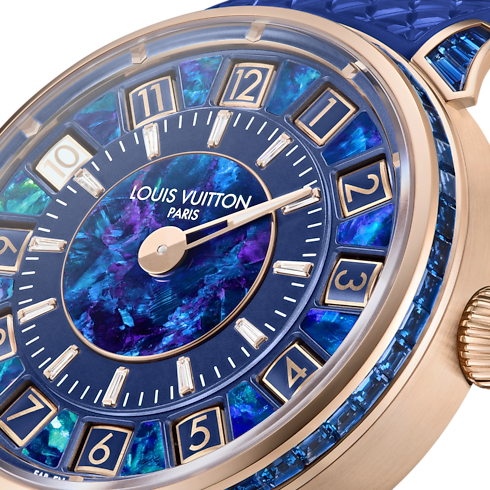 Todos los Relojes } Reloj Tambour Spin Time, automático de 39.5 mm en oro rosa, ópalo y zafiros | Louis Vuitton ® (Ampliar producto)