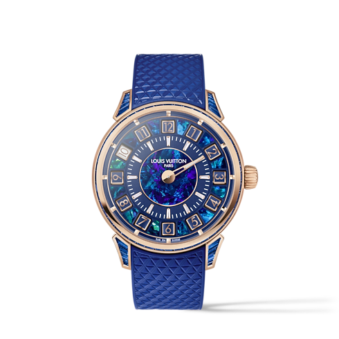 Todos los Relojes } Reloj Tambour Spin Time, automático de 39.5 mm en oro rosa, ópalo y zafiros | Louis Vuitton ® (Ampliar producto)
