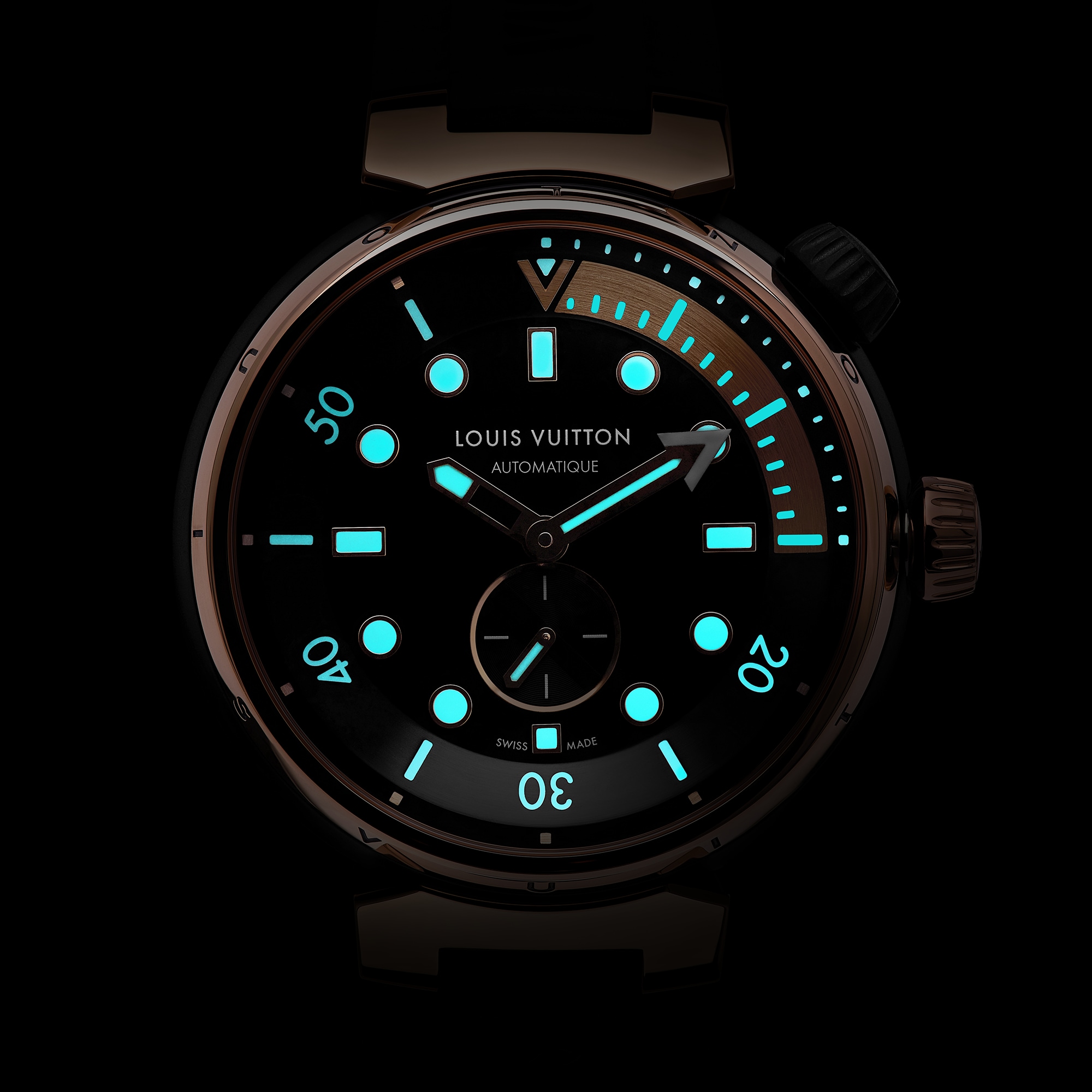  Todos los relojes } Reloj Tambour Street Diver, automático, 44 mm, acero y oro rosa | Louis Vuitton ® (Ampliar producto)