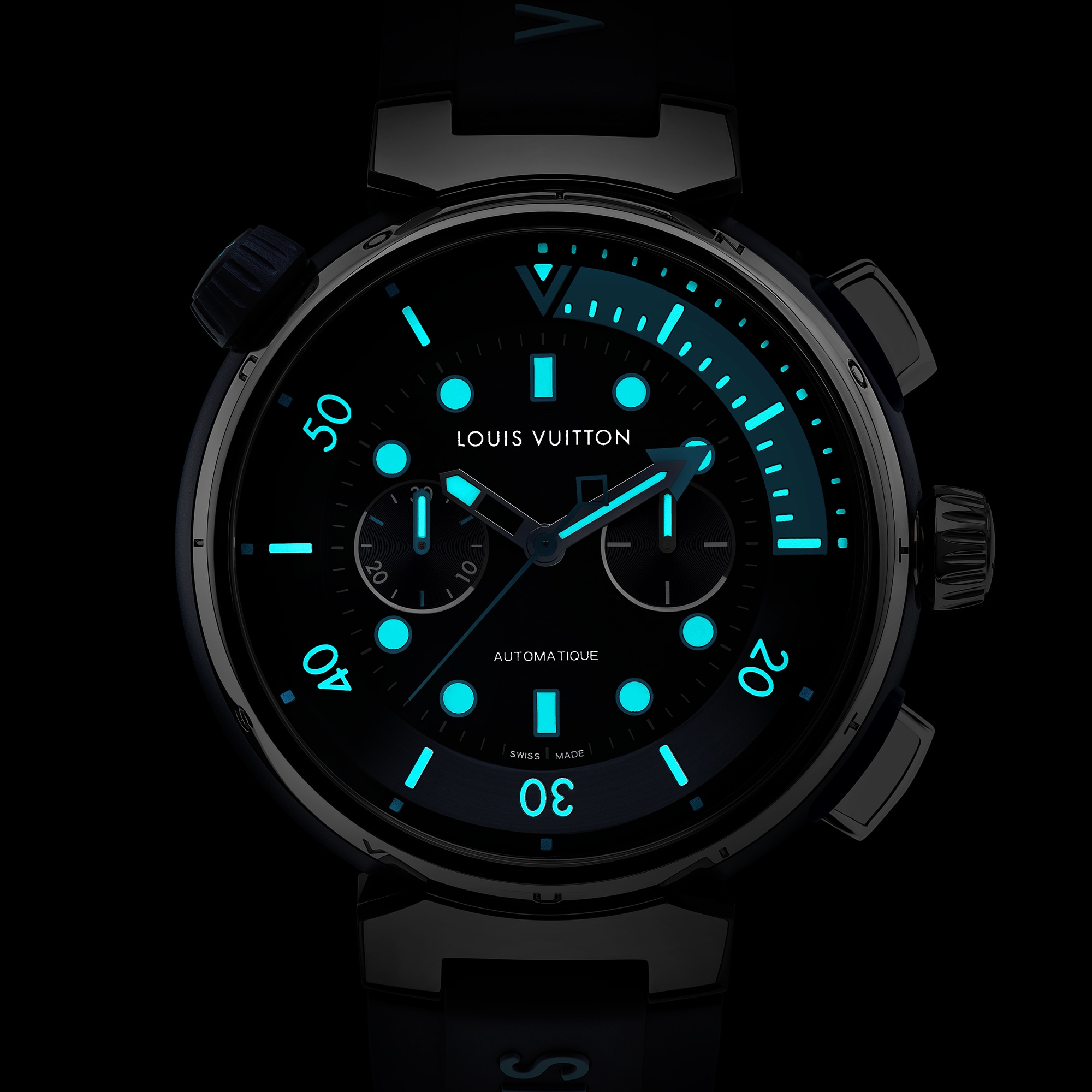  Todos los relojes } Reloj Tambour Street Diver Chronograph, automático, 46 mm, en acero | Louis Vuitton ® (Ampliar producto)