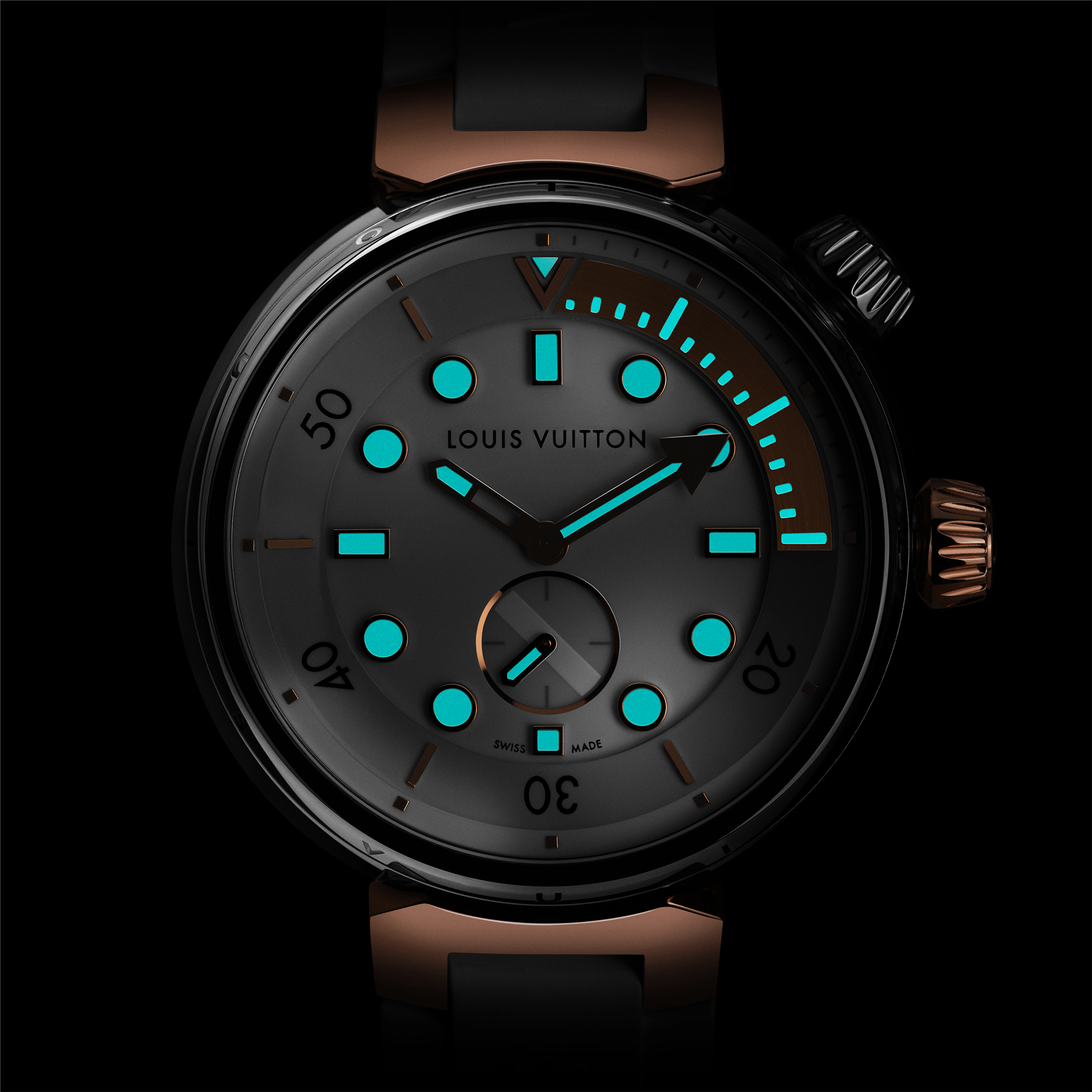  Todos los relojes } Reloj Tambour Street Diver, cuarzo, 39,5 mm, acero y oro rosa | Louis Vuitton ® (Ampliar producto)