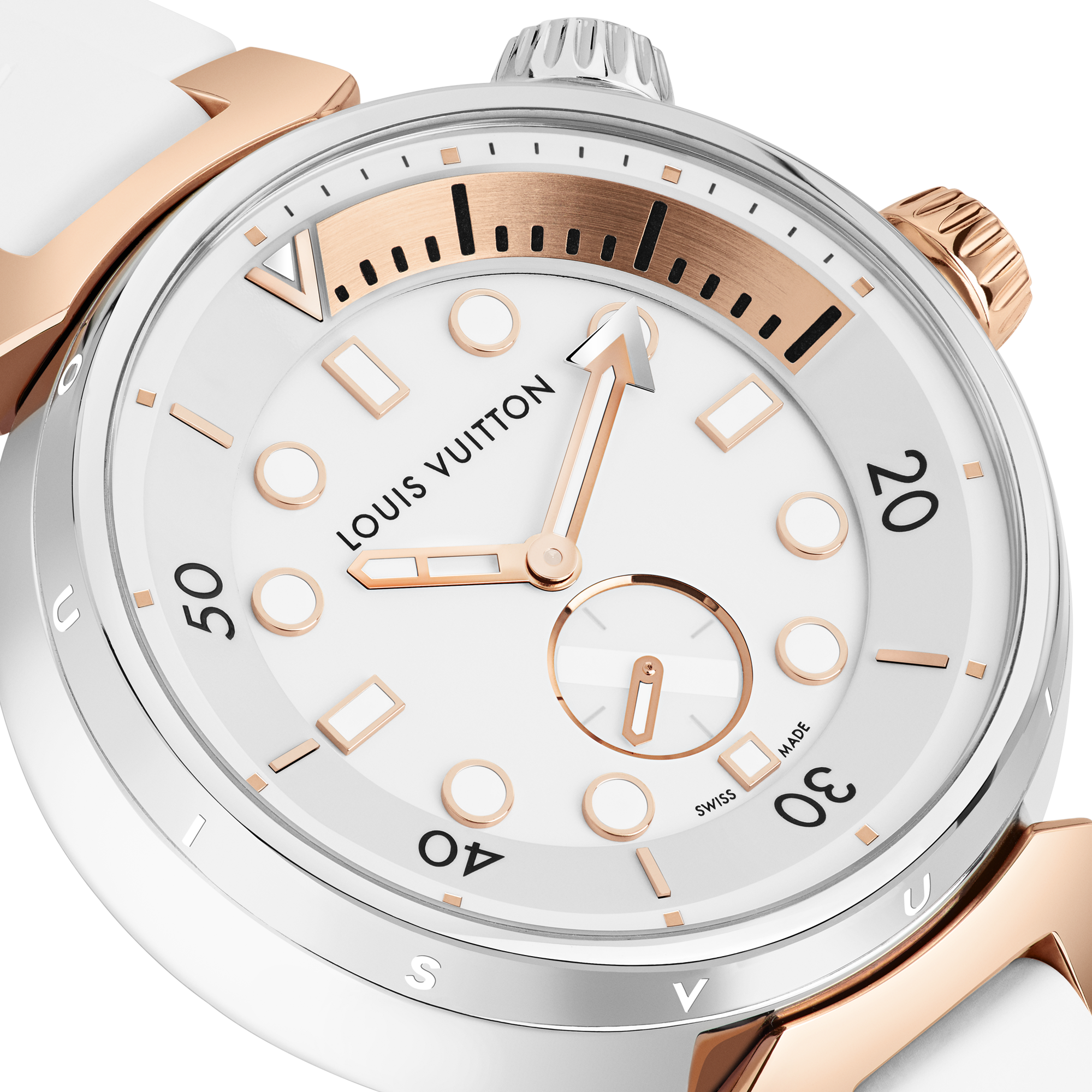  Todos los relojes } Reloj Tambour Street Diver, cuarzo, 39,5 mm, acero y oro rosa | Louis Vuitton ® (Ampliar producto)