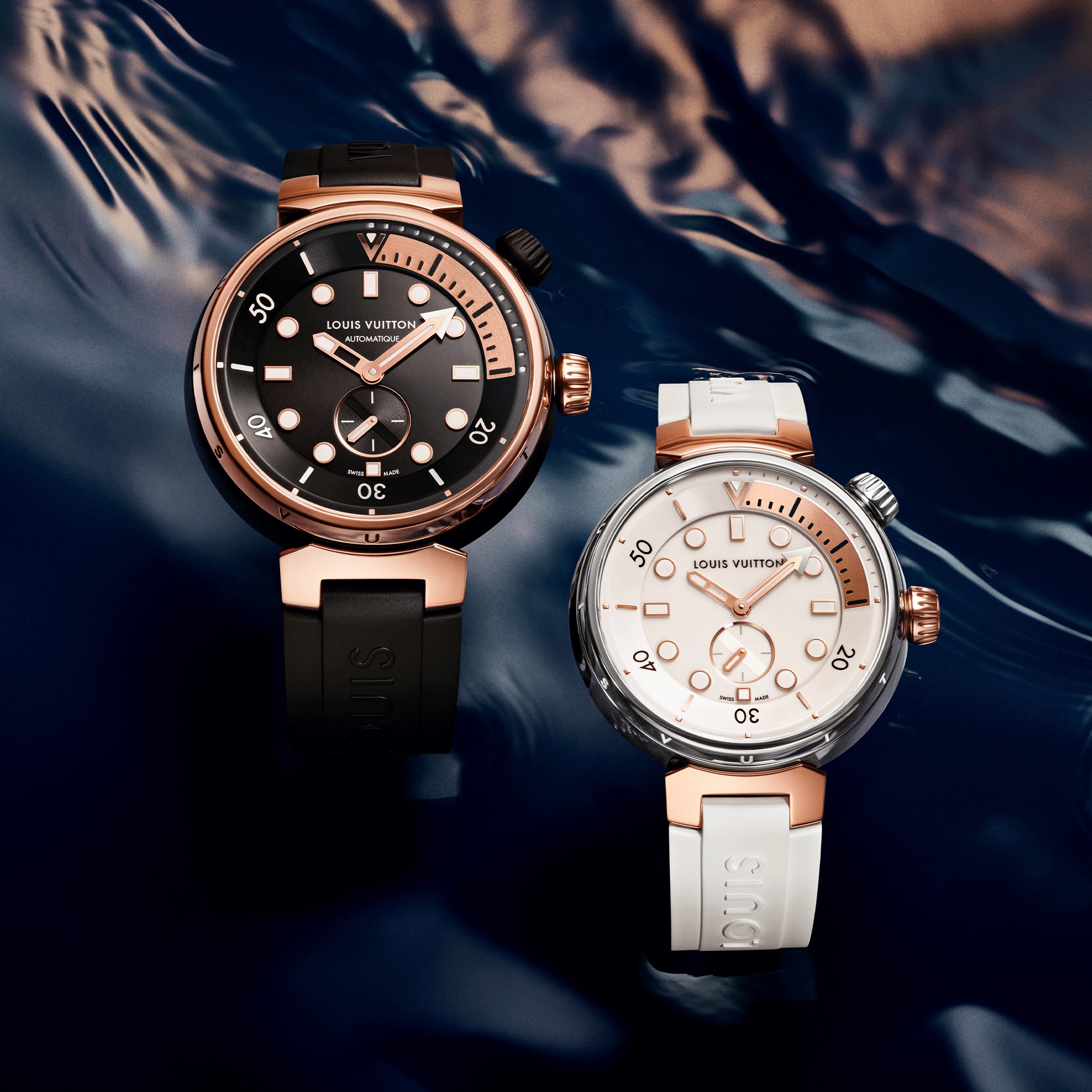  Todos los relojes } Reloj Tambour Street Diver, cuarzo, 39,5 mm, acero y oro rosa | Louis Vuitton ® (Ampliar producto)